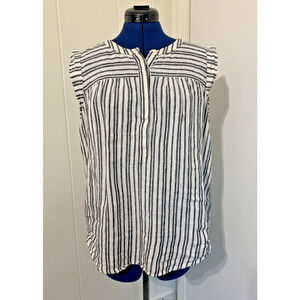 Ann Taylor LOFT Top Large Black and White Striped Linen Flutter Sleeve Beachy